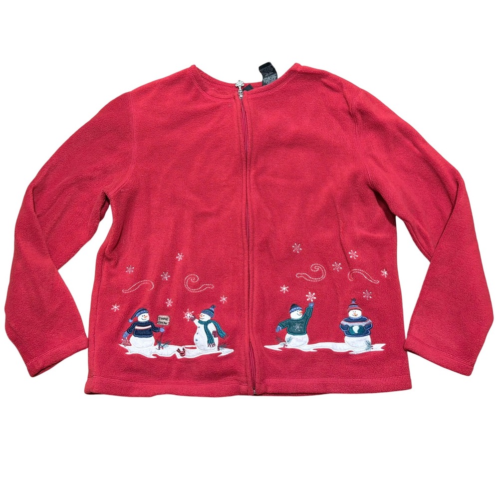 C&B Sport Croft & Barrow Red Fleece Zip Up Jacket Snowman Womens Petite M Medium